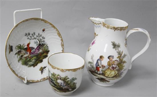 A Berlin cup and saucer, painted with birds and insects